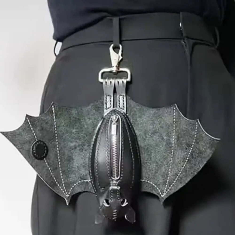 NWT Bat Bag Belt Charm Coin Purse Key Chain Black Faux Leather - Picture 3 of 8